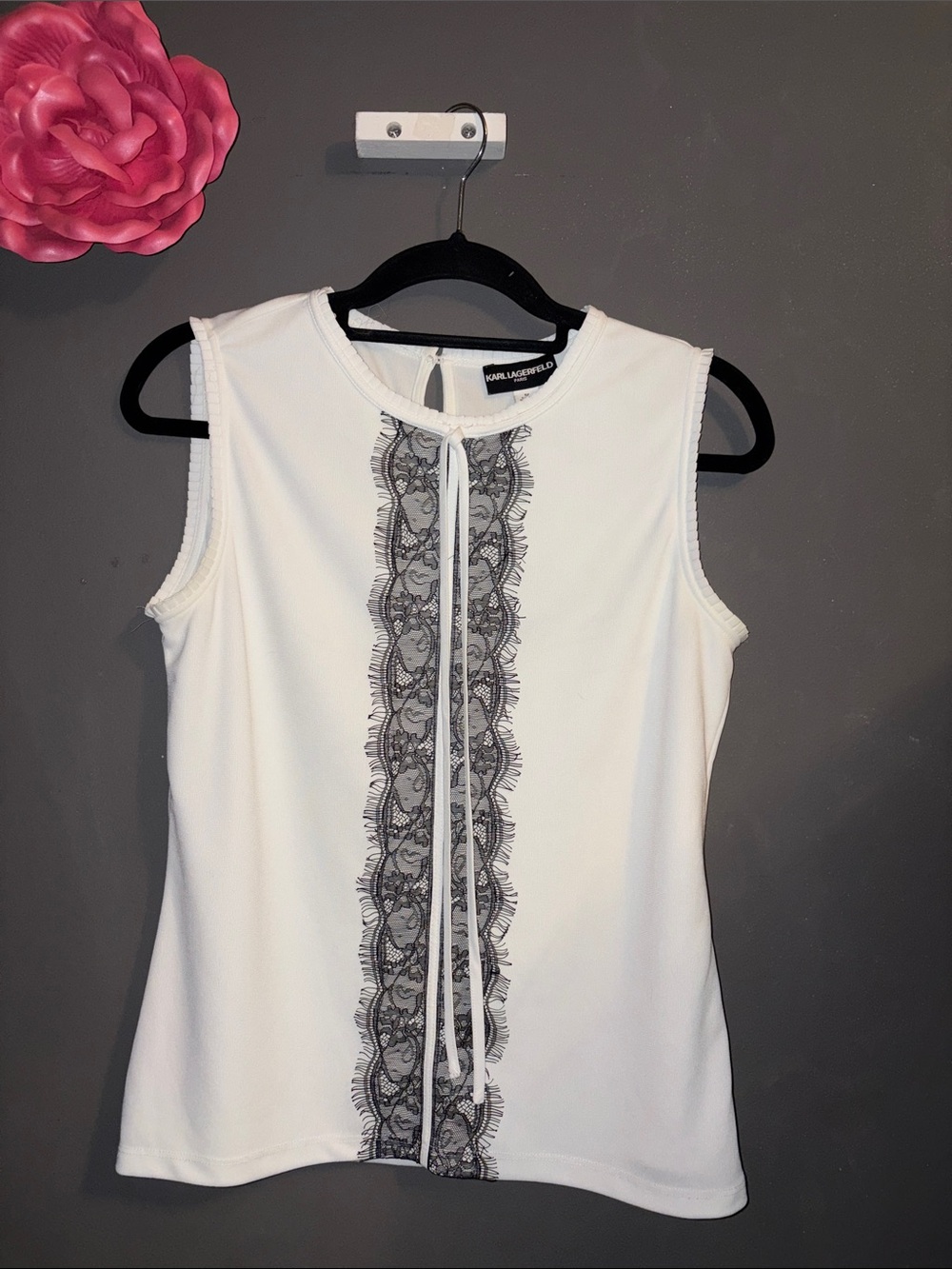 Karl Lagerfeld White Sleeveless Top with Black Lace Trim